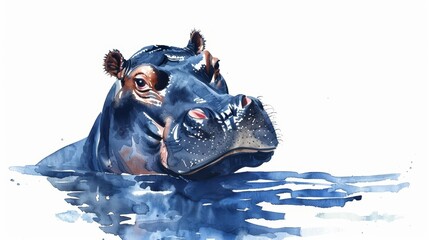 A watercolor painting of a minimal hippopotamus in water, on a white background