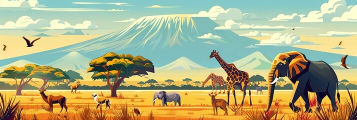 Vector illustration: classic African landscape with wild animals and Kilimanjaro. copy space