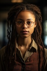 a woman with dreadlocks wearing glasses