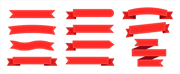 Vector ribbon template set with stitched effect in for product tags and logos. vector flat ribbon template set elements for tag and logo design. Red ribbon tape set stitched in red color.