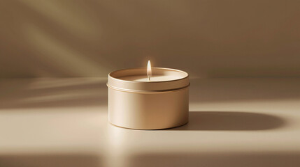 lighted candle in tin , blank candle tin in beige table top with sunlight and shadows, product photography