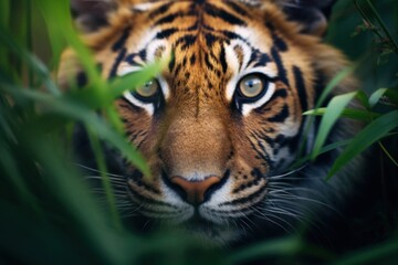 a tiger's face in the grass