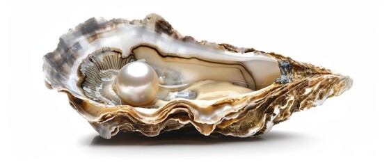 An oyster lies flat, its rough, uneven shell encasing a smooth, glistening pearl, isolated on white background