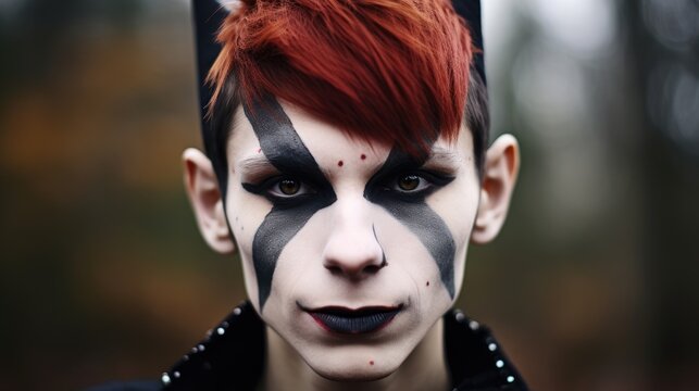 a person with red hair and black and white face paint