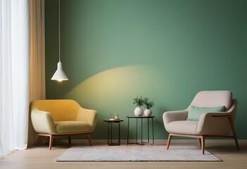 Workplace in Peach Fuzz 2024 color trend. Painted walls and rich furniture - chairs and table with lamp. Pastel painting background. Large home office .