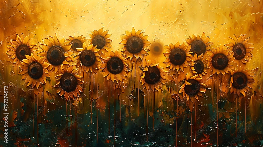 Wall mural visualize a sunflower field in full bloom using vibrant yellow and deep brown drips that merge organ