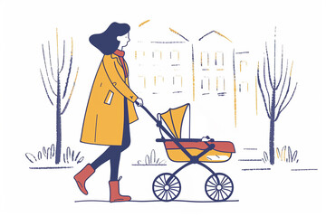 Young mother walking with baby stroller, Generative Ai