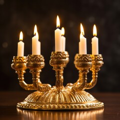 a gold candelabra with lit candles - obrazy, fototapety, plakaty