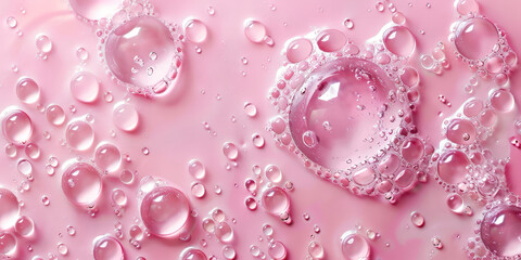 red pink abstract oil bubbles or face serum background. pink Oil and water bubbles molecule ,pink Bubbles oil or collagen serum for cosmetic product, banner poster