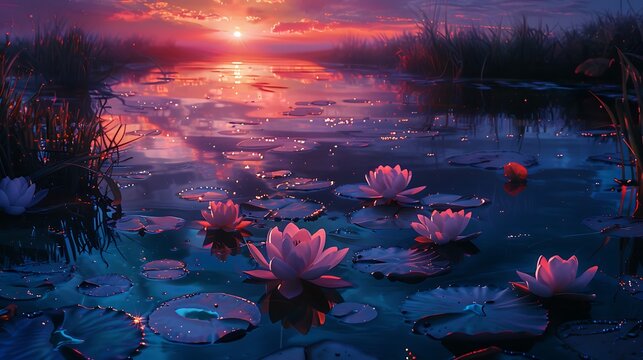 Visualize an evening scene where white water lilies reflect on a lake’s surface under a twilight sky