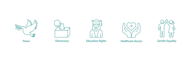 Vector Icons: Advocating for Peace, Democracy, Educational Rights, Healthcare Access, and Gender Equality