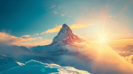 A beautiful mountain landscape with a Matterhorn-like peak at sunrise.