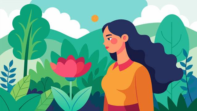 In a lush garden a woman pauses to admire a blooming flower and ponders the lesson that everything is impermanent.. Vector illustration