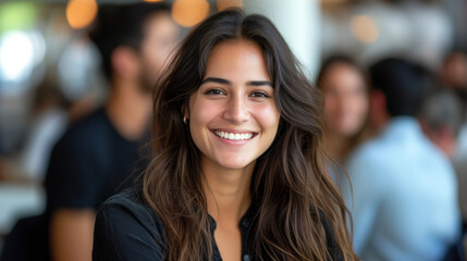 Portrait of a cheerful young woman enjoying time in a cozy cafe. - obrazy, fototapety, plakaty