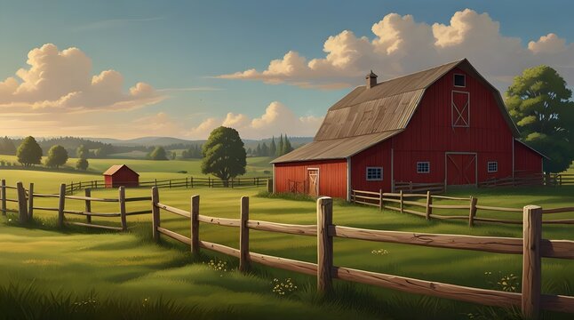 Farmyard outside scenery landscape vector illustration. Wooden barn farm house.generative.ai