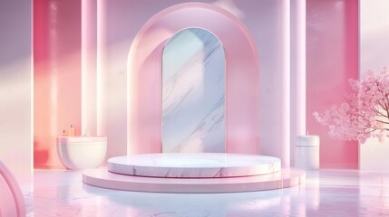 Stage podium of cosmetic product show, with pastel backdrops creating a serene and inviting atmosphere for beauty enthusiasts, Decor element background