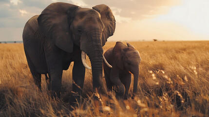 An enchanting sight unfolds as an African Bush Elephant mother gently nudges her calf forward in...