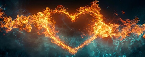 Fire Heart, Flames forming a heart shape for a romantic theme - obrazy, fototapety, plakaty