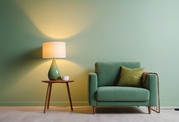 Workplace in Peach Fuzz 2024 color trend. Painted walls and rich furniture - chairs and table with lamp. Pastel painting background. Large home office .