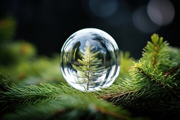 a glass ball with a tree reflection in it