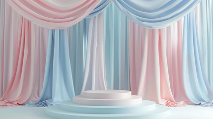 Pink and blue pastel color podium with pink and blue pastel color curtains