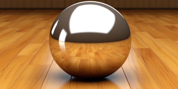 a shiny silver ball on a wooden floor