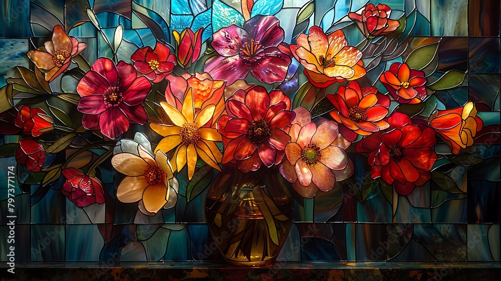 Wall mural visualize a bouquet of assorted flowers in a stained glass vase, with each species given its own uni