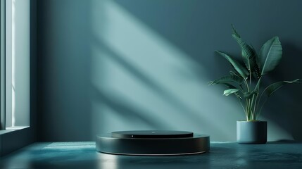 3d rendering of a dark blue room with a plant and a podium