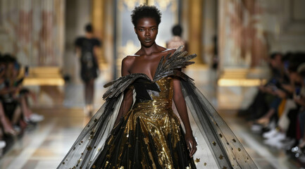 a model in an elegant black and gold dress with flowing cape, on the runway of Paris fashion week