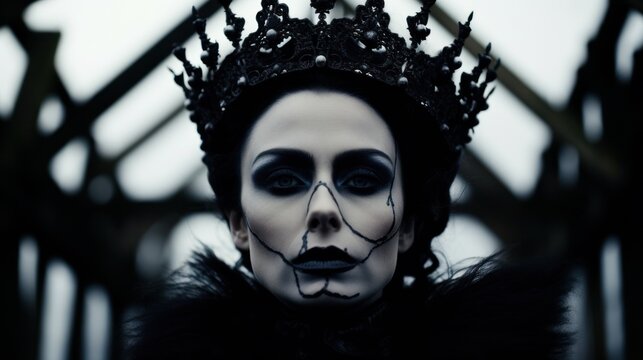 a woman with black crown and face paint