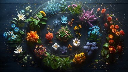 Visualize a celestial map where each zodiac sign is represented by a specific flower that reflects its characteristics—roses for Taurus, lilies for Cancer, etc
