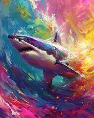 Artistic 3D visualization of a geometric shark, navigating through waves painted with a spectrum of vivid, lively and vibrant colors