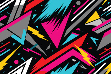 Abstract seamless grunge pattern. Urban art texture with neon lines, triangles, chaotic brush strokes, ink elements. Colorful graffiti vector background