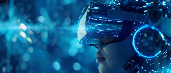 A young woman wearing a VR headset. She is in a brightly lit room, and the headset is reflecting the light. Her expression is one of wonder and excitement.