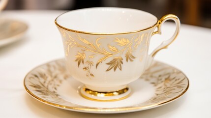 Fototapeta premium a white and gold teacup with gold designs on a white plate