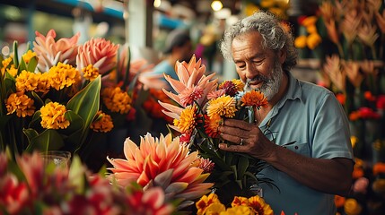 Visualize a close-up interaction between a florist and a customer, discussing over a selection of exotic flowers