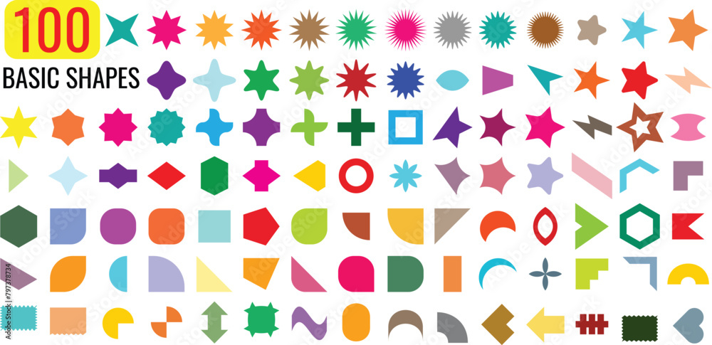Aufkleber abstract geometric basic shapes, different color shapes, circular, rectangular and different shapes, basic graphic elements vector illustration.