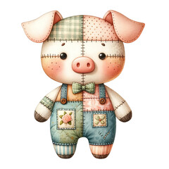 A pig in a patchwork outfit with a bow tie and overalls