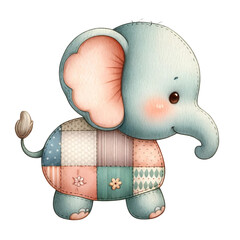 A cute elephant with a patchwork trunk and a pink and blue body