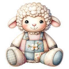 A cute stuffed lamb with a blue and pink overalls and a flower on it