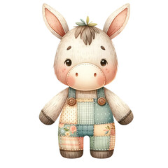 A cartoon donkey wearing blue overalls and a blue and white patchwork apron