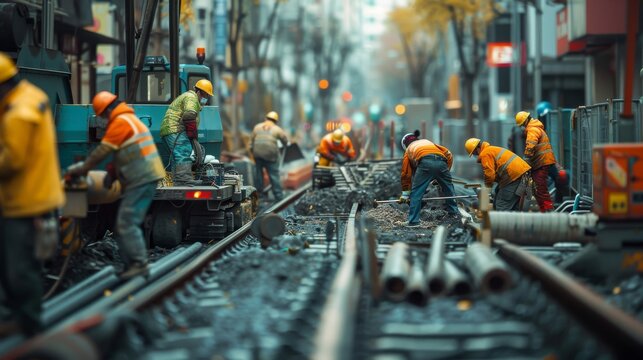 A group of construction workers are working on a train track