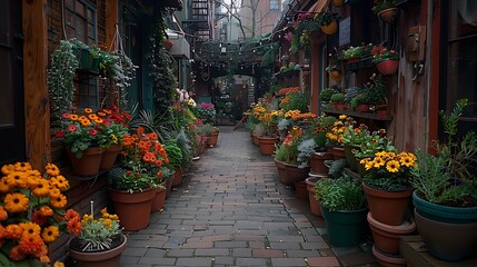 Visualize a small, hidden garden in a narrow alley filled with pots of blooming flowers and climbing plants on the walls