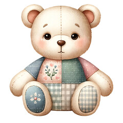 A teddy bear with a blue and pink shirt and blue and white plaid pants
