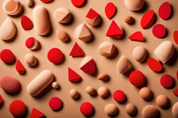 Geometric pattern from makeup sponges for foundation cream on beige background with dark shadows. Beauty blender red and beige. Fashion Flat lay cosmetic sponge, top view graphic layout.