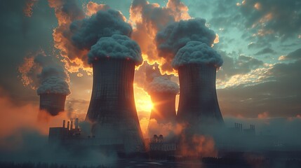 A nuclear power plant with three smokestacks is spewing smoke into the sky