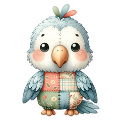 A colorful bird with a patchwork outfit and a flowery pattern