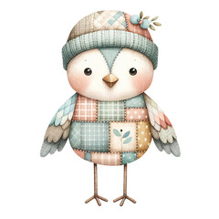 A cute little bird wearing a hat and a patchwork vest