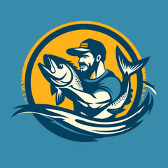 Stylized emblem, logo of a bearded fisherman holding a big fish, on a blue and yellow background - 797380749