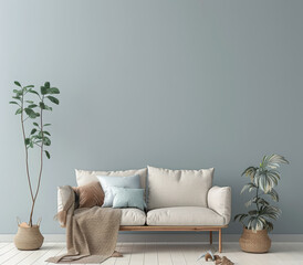 Refined minimalist interiors composition in serene colors. Copyspace for text and minimal furniture.